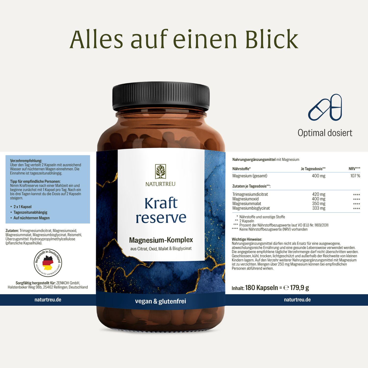 Flasche Magnesium-Komplex mit Übersicht über Inhaltsstoffe, Dosierung und Anwendungshinweise.