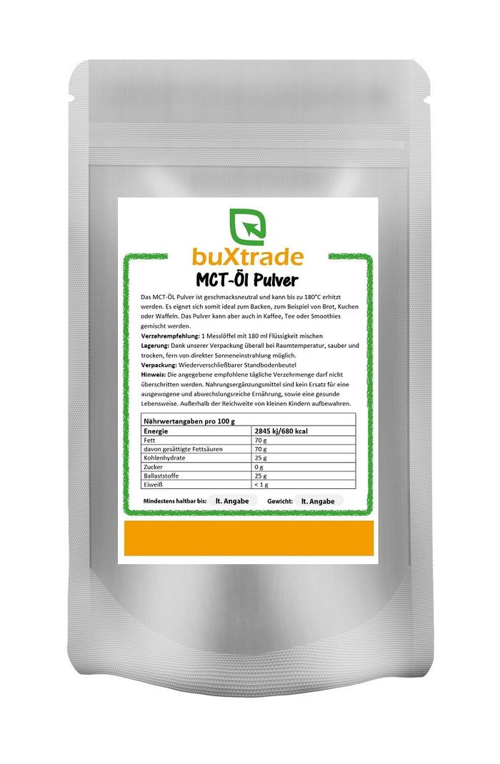 Beutel mit weißem Hintergrund. Aufdruck mit Produktinformationen und Nährwertangaben. Aufschrift: buXtrade MCT-Öl Pulver.