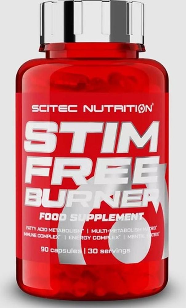 Rote Flasche mit weißem Deckel. Aufschrift: Scitec Nutrition, Stim Free Burner. Nahrungsergänzungsmittel. 90 Kapseln.