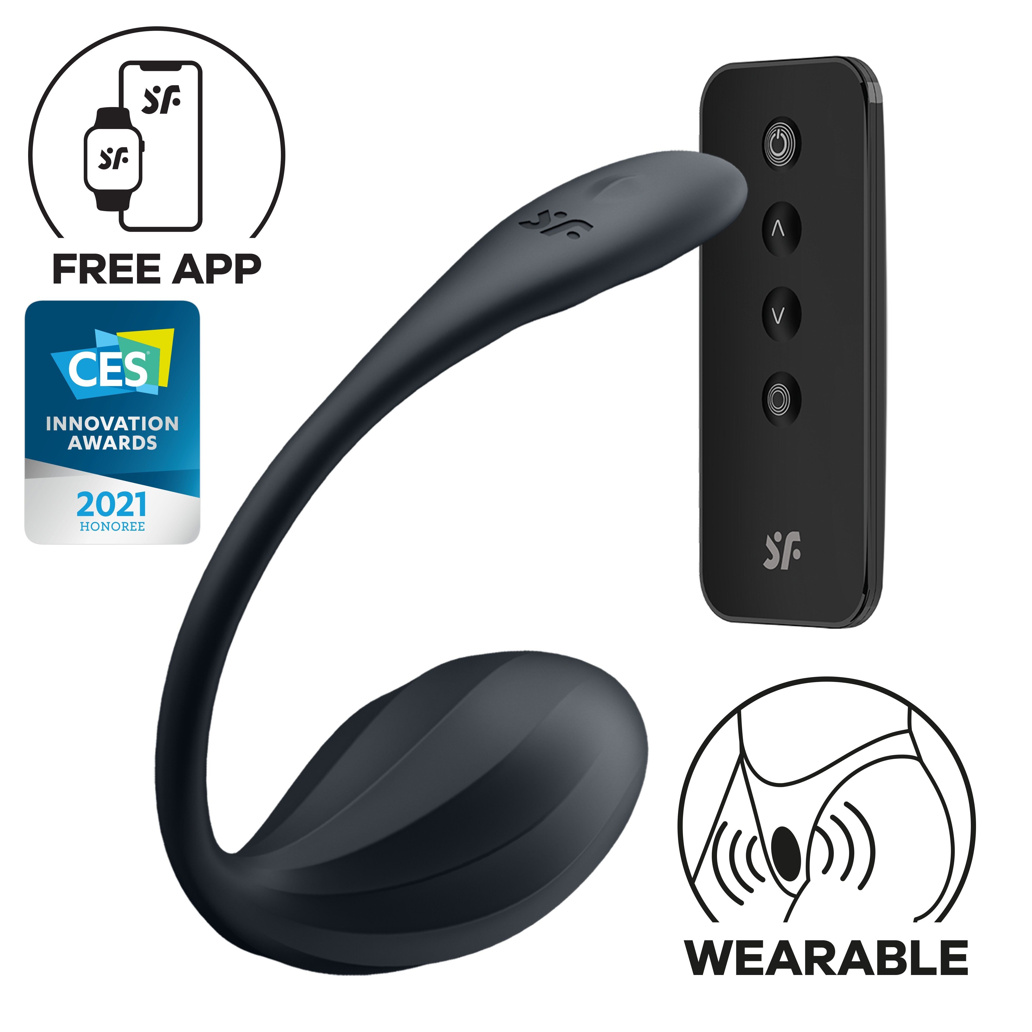 Wellness-Produkt, Fernbedienung, App-Logo, CES-Auszeichnung, Wearable-Symbol. Schwarzes Design.