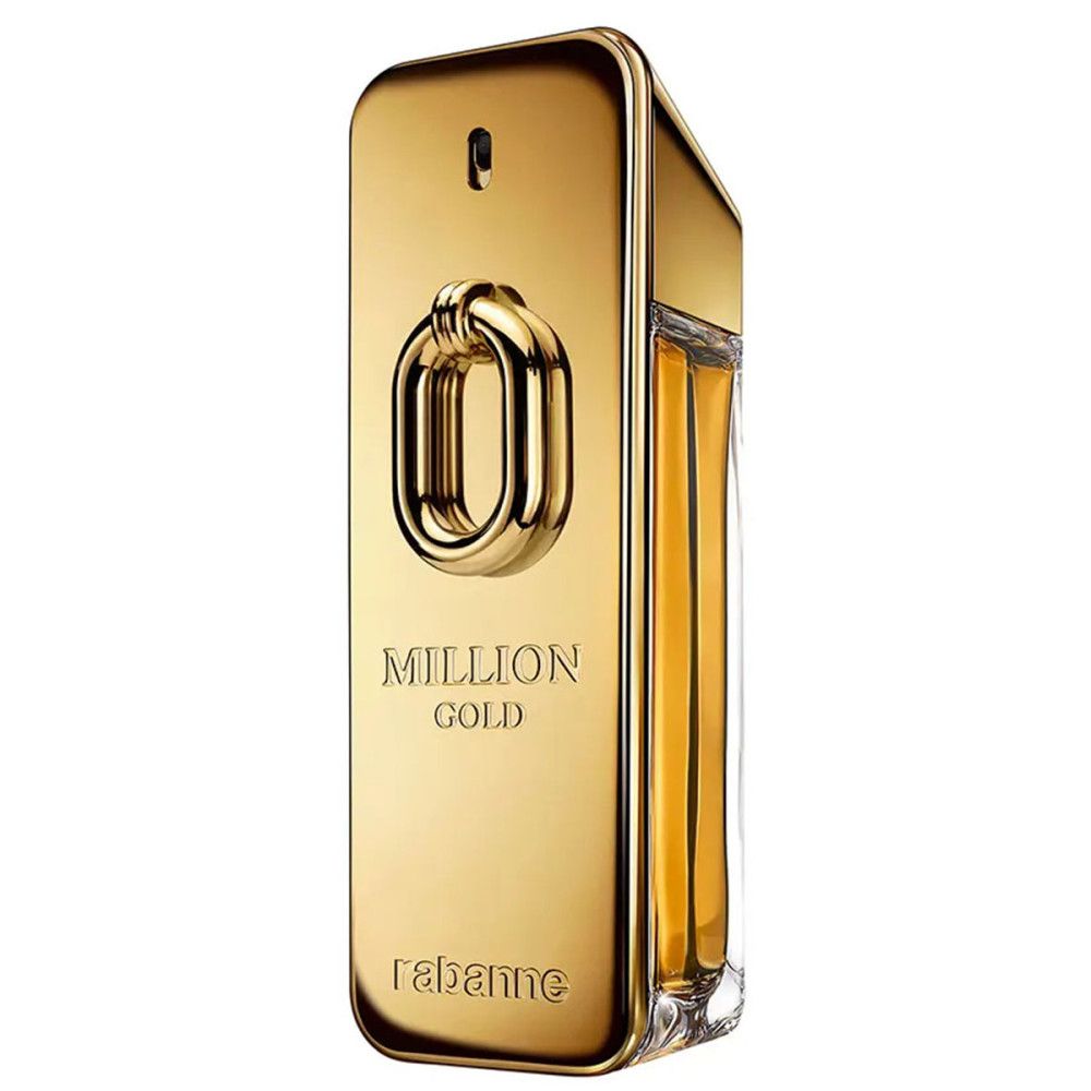Goldfarbener Flakon mit der Aufschrift "MILLION GOLD" und "rabanne". Rechteckige Form mit goldenem Verschluss.