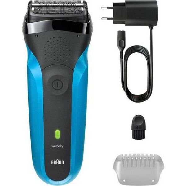 Braun Series 3 Rasierer mit Ladekabel, Reinigungsbürste und Trimmeraufsatz.