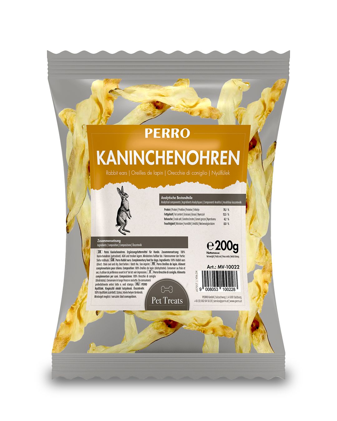 Beutel mit getrockneten Kaninchenohren. Aufdruck: PERRO, Kaninchenohren, Inhaltsstoffe, Gewicht 200g, Logo mit Kaninchen.