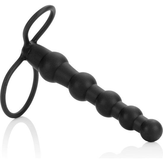 Schwarzer Doppelpenetrator aus Silikon mit Ring. Beaded-Design.