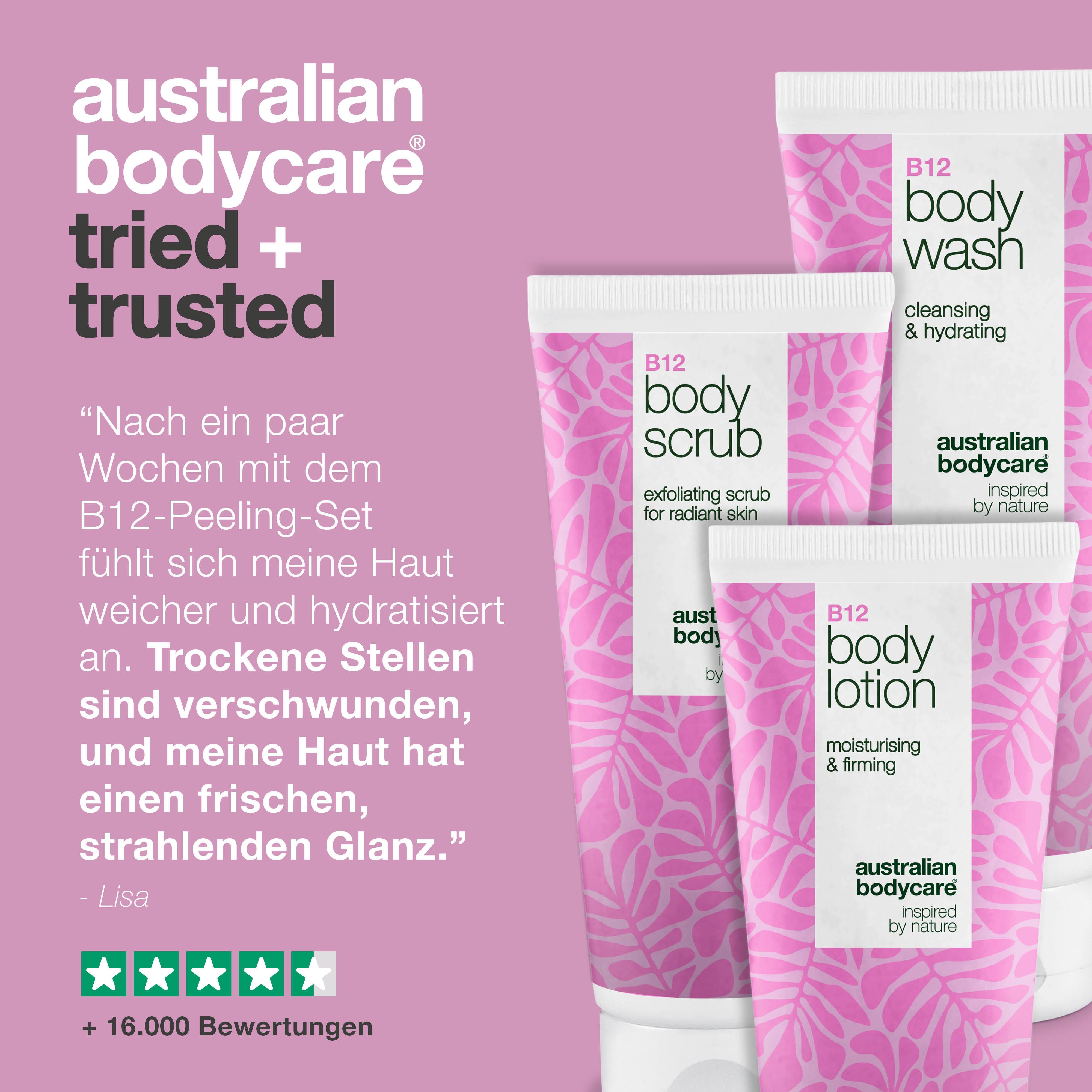 Australian Bodycare B12 Produkte. Body Wash, Scrub, Lotion. Rosa Design. Text und Sterne-Bewertung.