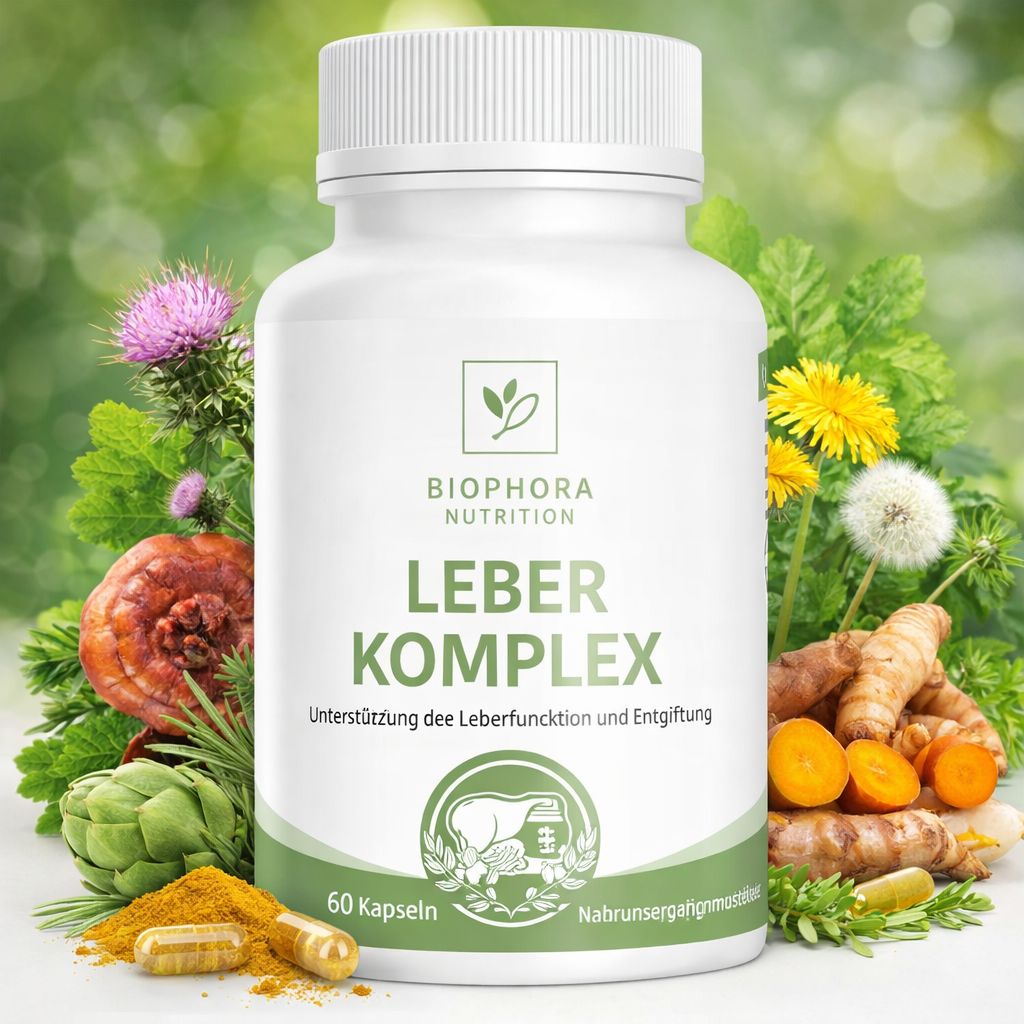 Weiße Flasche mit grüner Aufschrift "Leber Komplex". Kräuter und Kapseln im Hintergrund. 60 Kapseln.