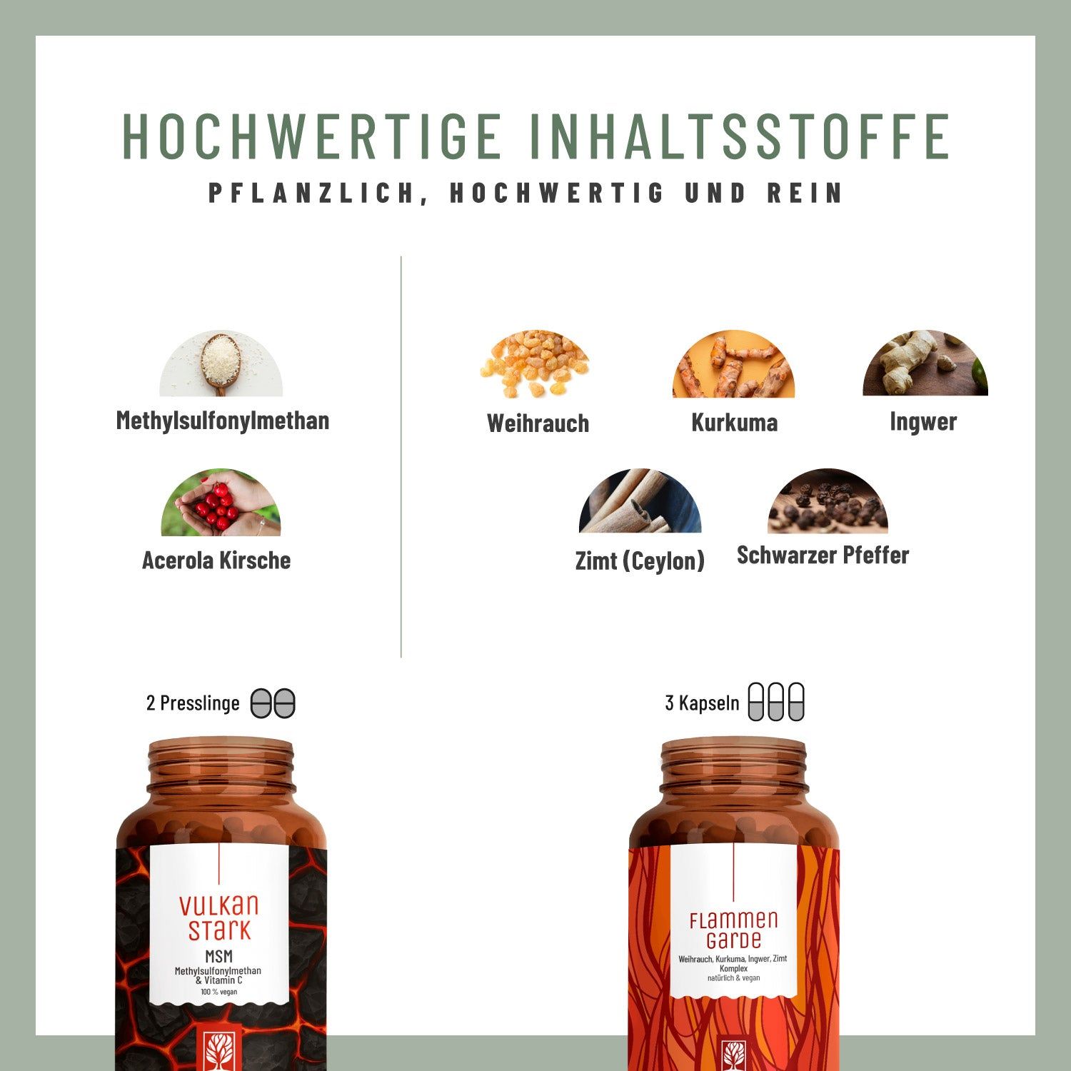 Grafik mit Zutaten: Methylsulfonylmethan, Weihrauch, Kurkuma, Ingwer, Acerola Kirsche, Zimt, Schwarzer Pfeffer. Zwei Flaschen darunter.