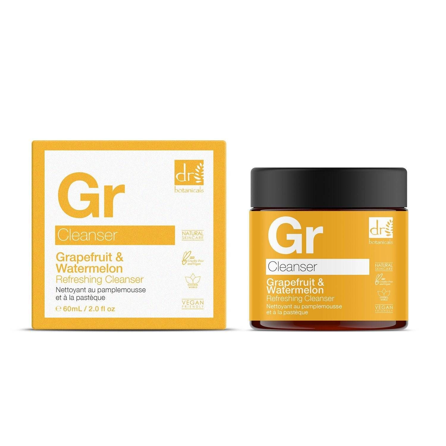 Gelbe Schachtel und Glas. Aufschrift: "Gr", "Cleanser", "Grapefruit & Watermelon Refreshing Cleanser". Vegan-Logo.