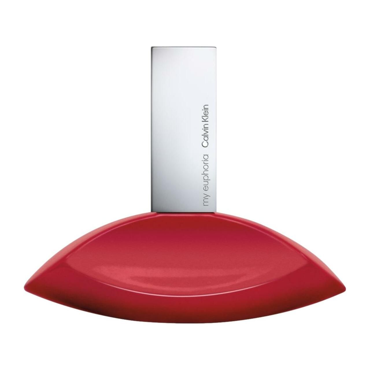 Roter Flakon mit silbernem Verschluss. Aufschrift: my euphoria Calvin Klein.