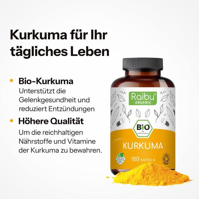 Flasche BIO Kurkuma Kapseln neben Kurkumapulver. Text: Bio-Kurkuma, unterstützt Gelenkgesundheit, höhere Qualität.