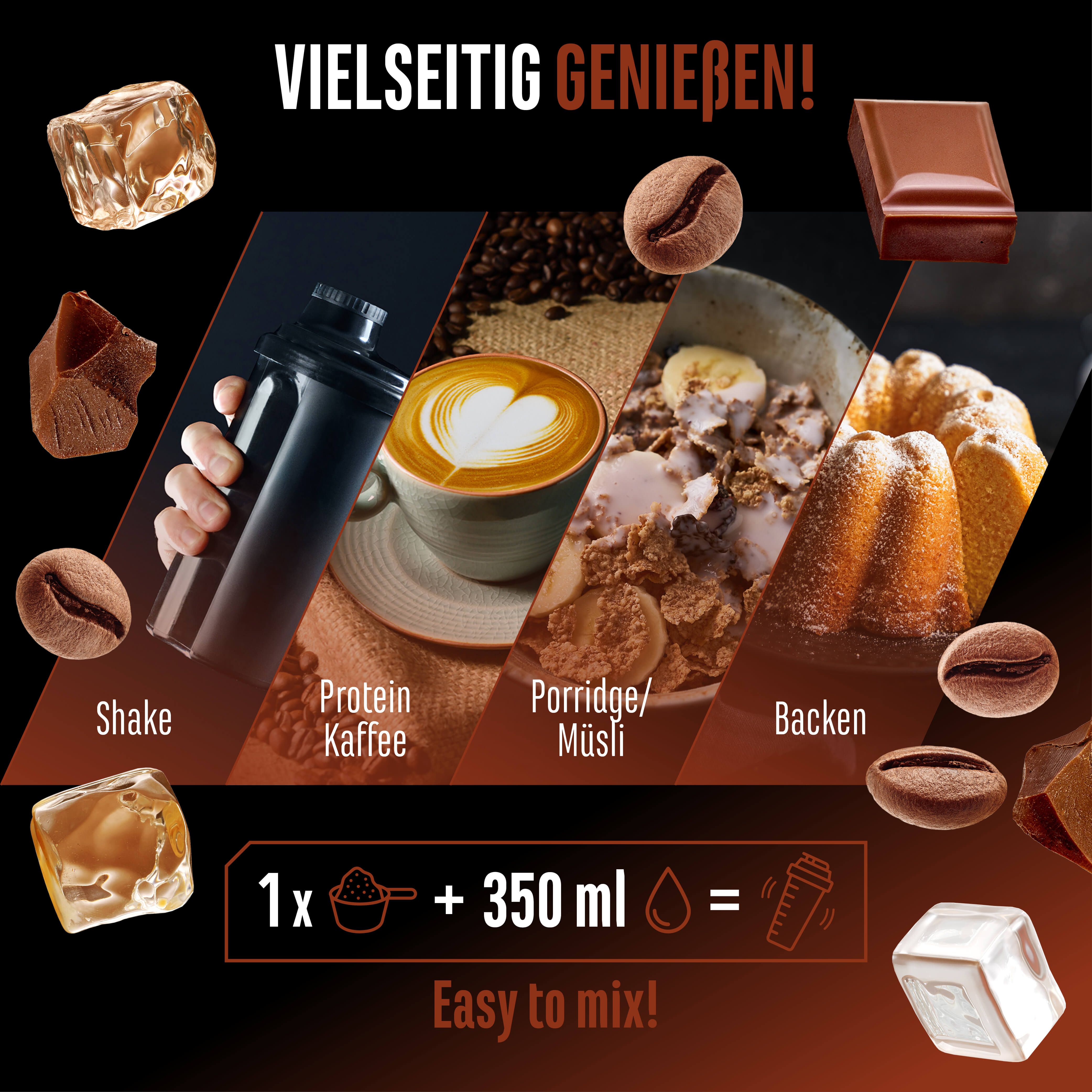 Werbebild für Wheypresso Protein Kaffee. Zeigt Zubereitungsmöglichkeiten: Shake, Kaffee, Porridge/Müsli und Backen. Einfach zu mischen.