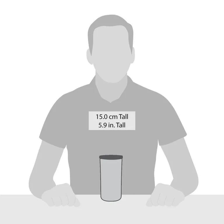 Grafik: Person hält eine Kerze. Text: 15,0 cm hoch, 5,9 Zoll hoch. Kerze zylindrisch, grau.