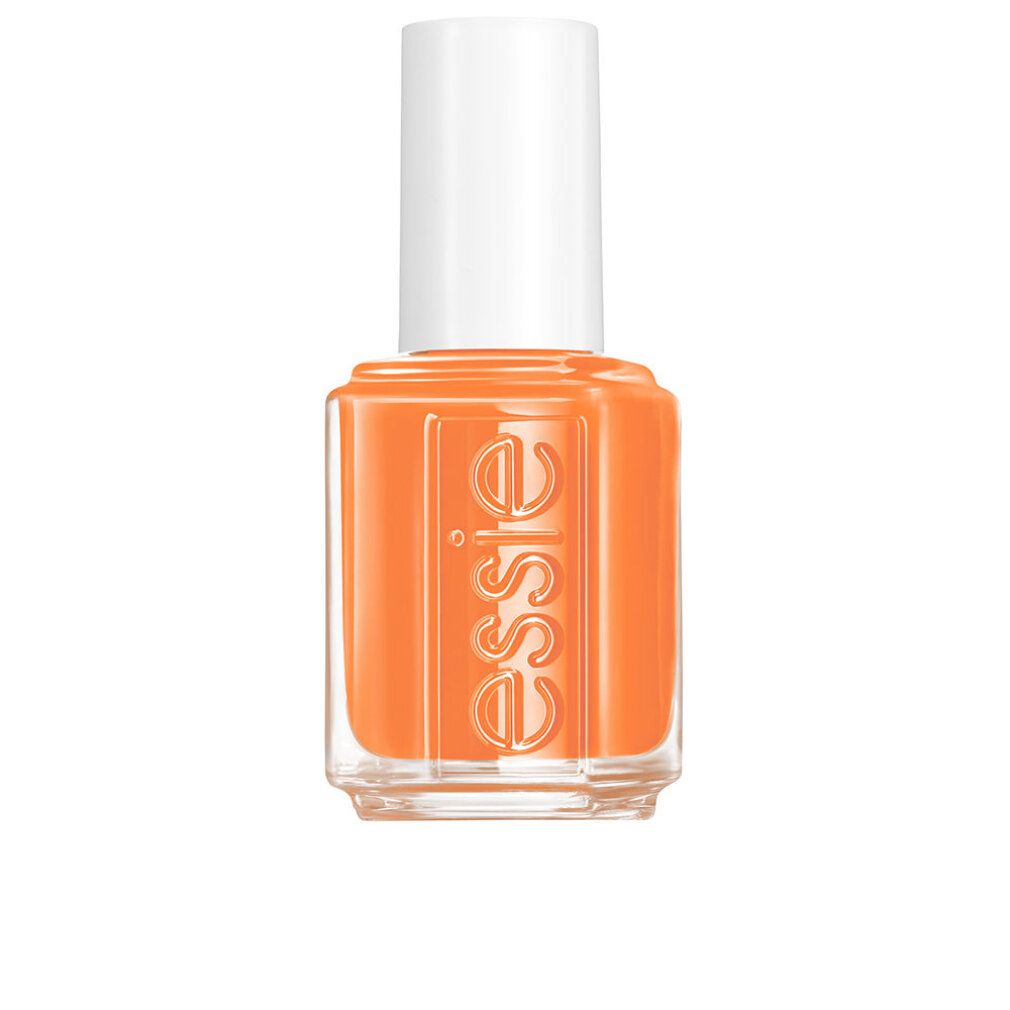 Nagellackflasche mit orangefarbenem Lack und weißem Deckel. Der Markenname „essie“ ist auf der Flasche sichtbar.