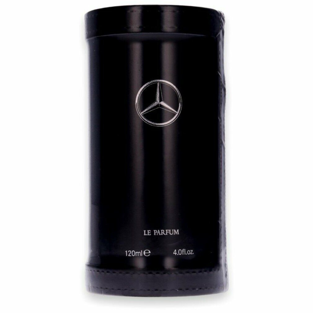 Schwarze zylindrische Verpackung mit silbernem Logo und Schriftzug. Enthält einen Flakon. Text: LE PARFUM, 120ml, 4.0 fl.oz.