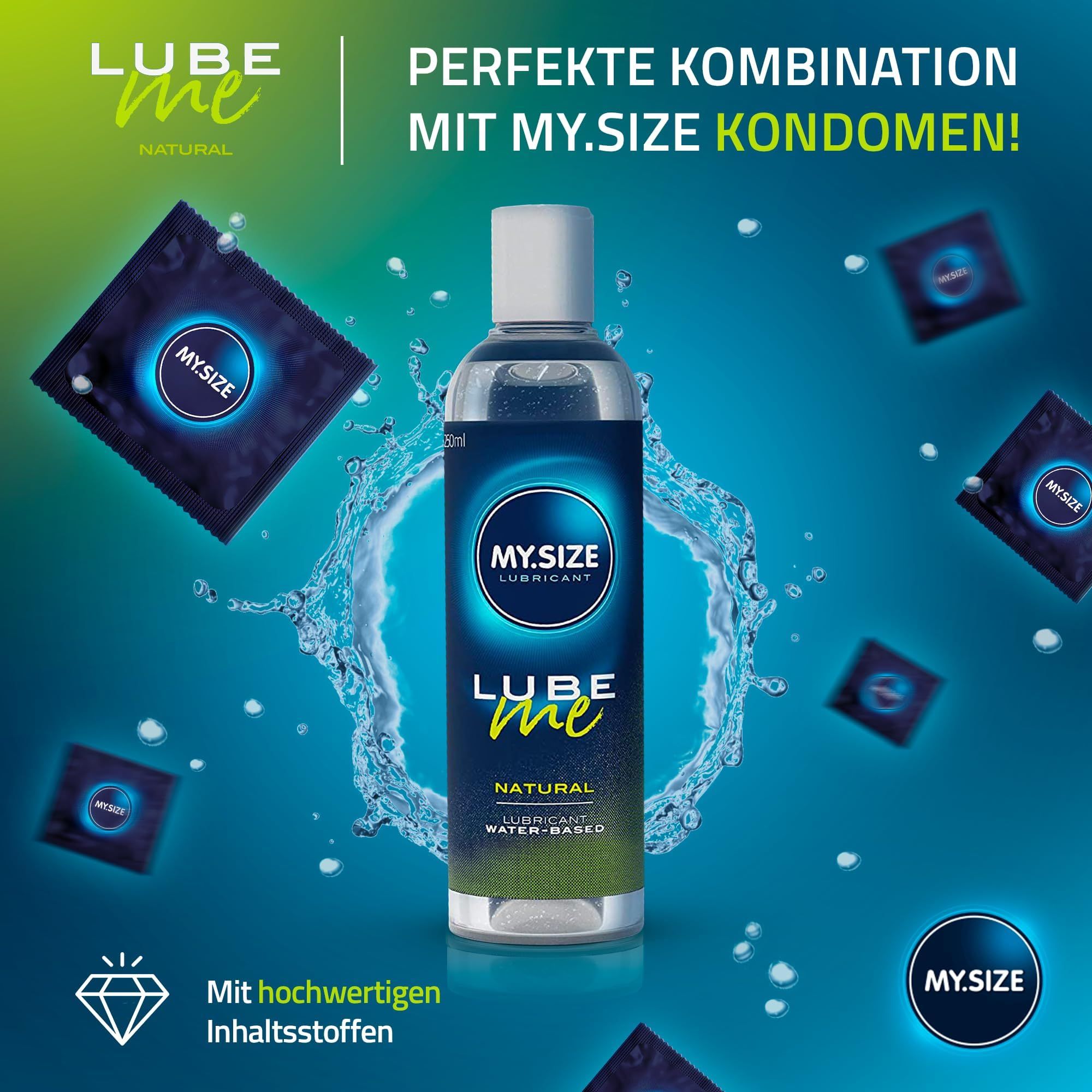 MY.SIZE LUBE ME NATURAL Gleitmittel, 250ml Flasche, mit Icons für Hautfreundlichkeit und Wasserbasis.