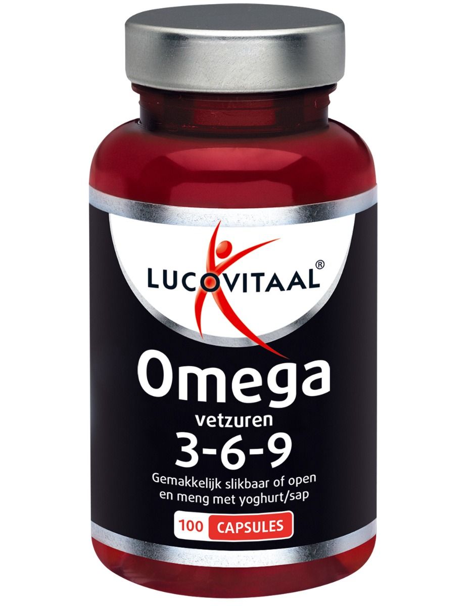 Rote Flasche mit silbernem Deckel, Etikett zeigt 'Lucovitaal Omega vetzuren 3-6-9' und '100 CAPSULES'.
