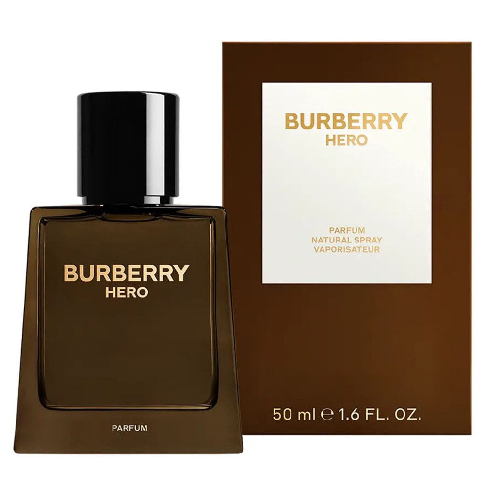 Burberry Hero Parfum-Flakon und Verpackung. Braune Flasche mit schwarzem Deckel. Verpackung mit Logo und Text.
