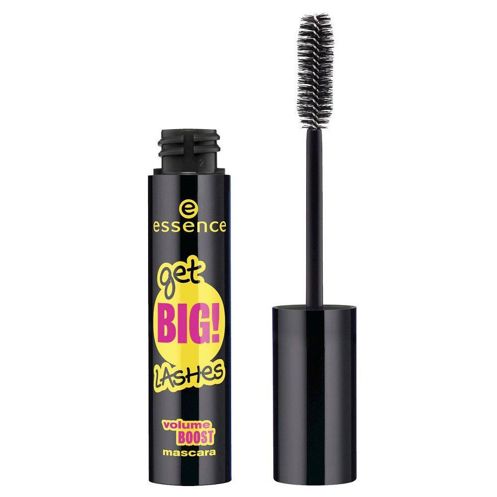 Schwarze Mascarahülse mit gelbem und pinkfarbenem Text. Schriftzug: get BIG! LASHES volume BOOST mascara. Bürste sichtbar.