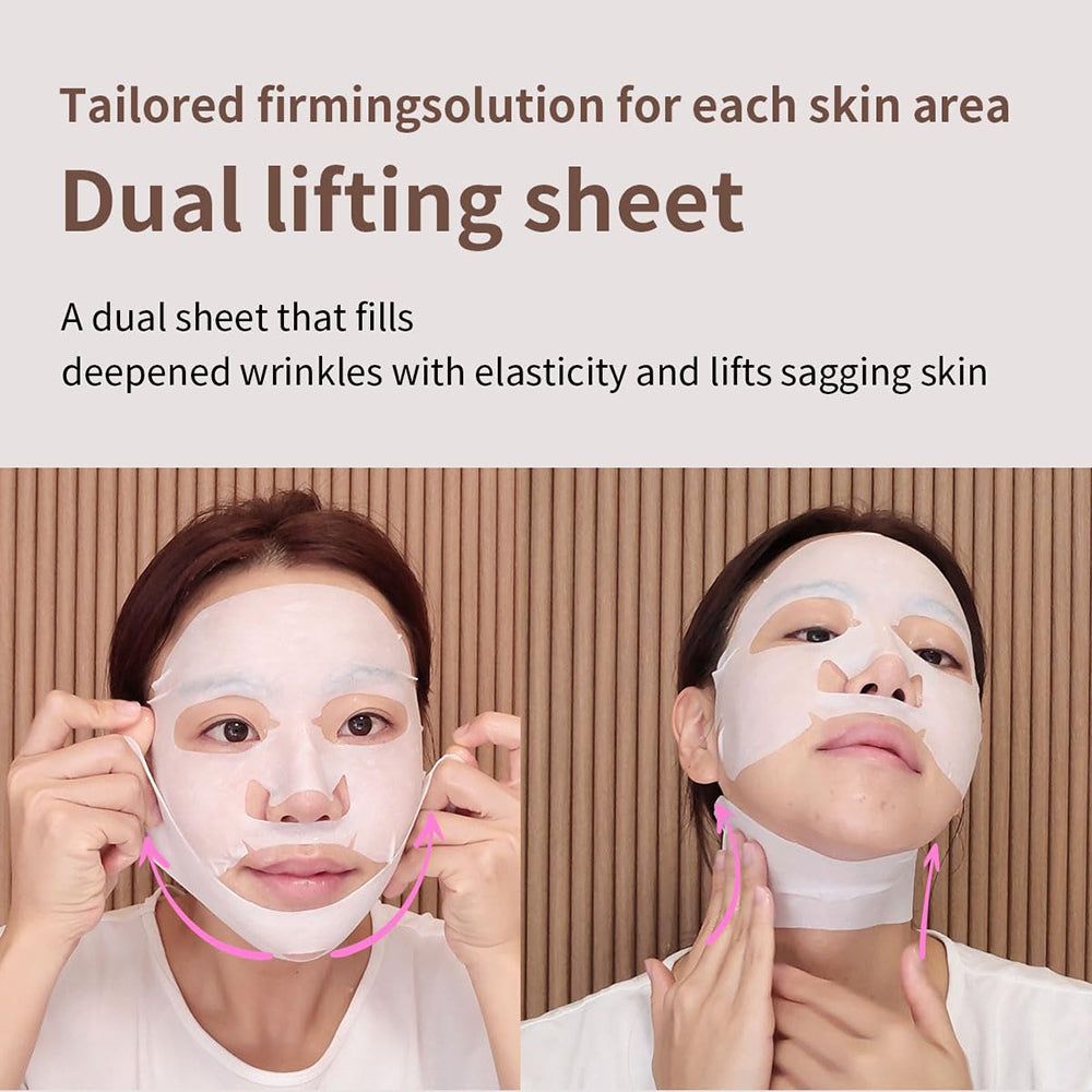 Zwei Personen mit Gesichtsmasken. Text: "Dual lifting sheet". Pfeile zeigen die Richtung an.