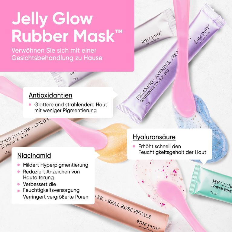 Produktwerbung. Masken, Spatel, Text. Text: Jelly Glow Rubber Mask, âme pure, Hyaluronsäure, Niacinamid.