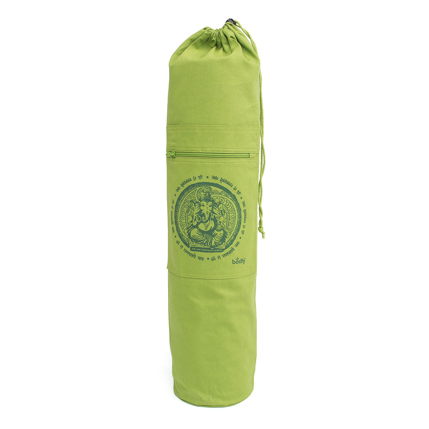 Grüne Baumwolltasche mit Kordelzug, Reißverschluss und Ganesh-Motiv. Marke: bodhi.