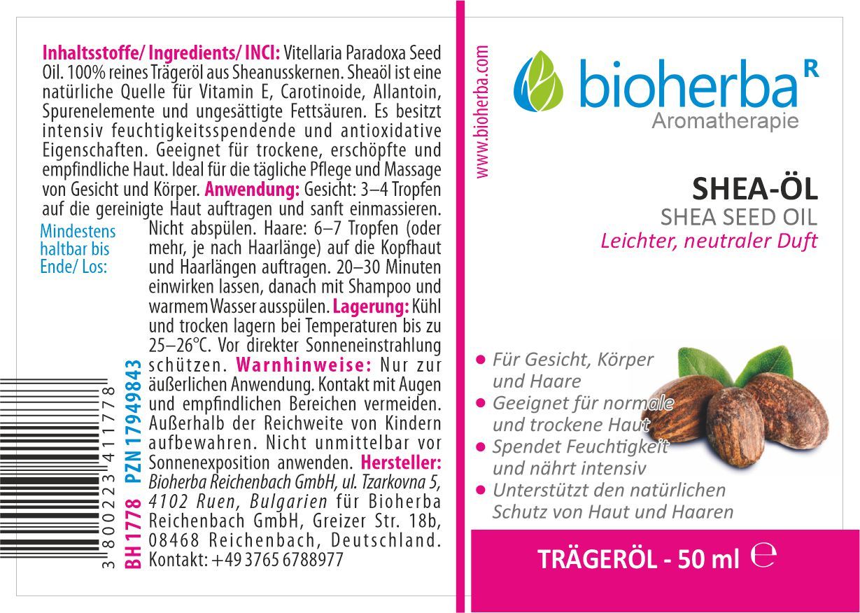 Etikett mit Produktnamen, Logo und Shea-Nüssen. Text in Deutsch. Enthält Informationen zu Inhaltsstoffen und Anwendung.