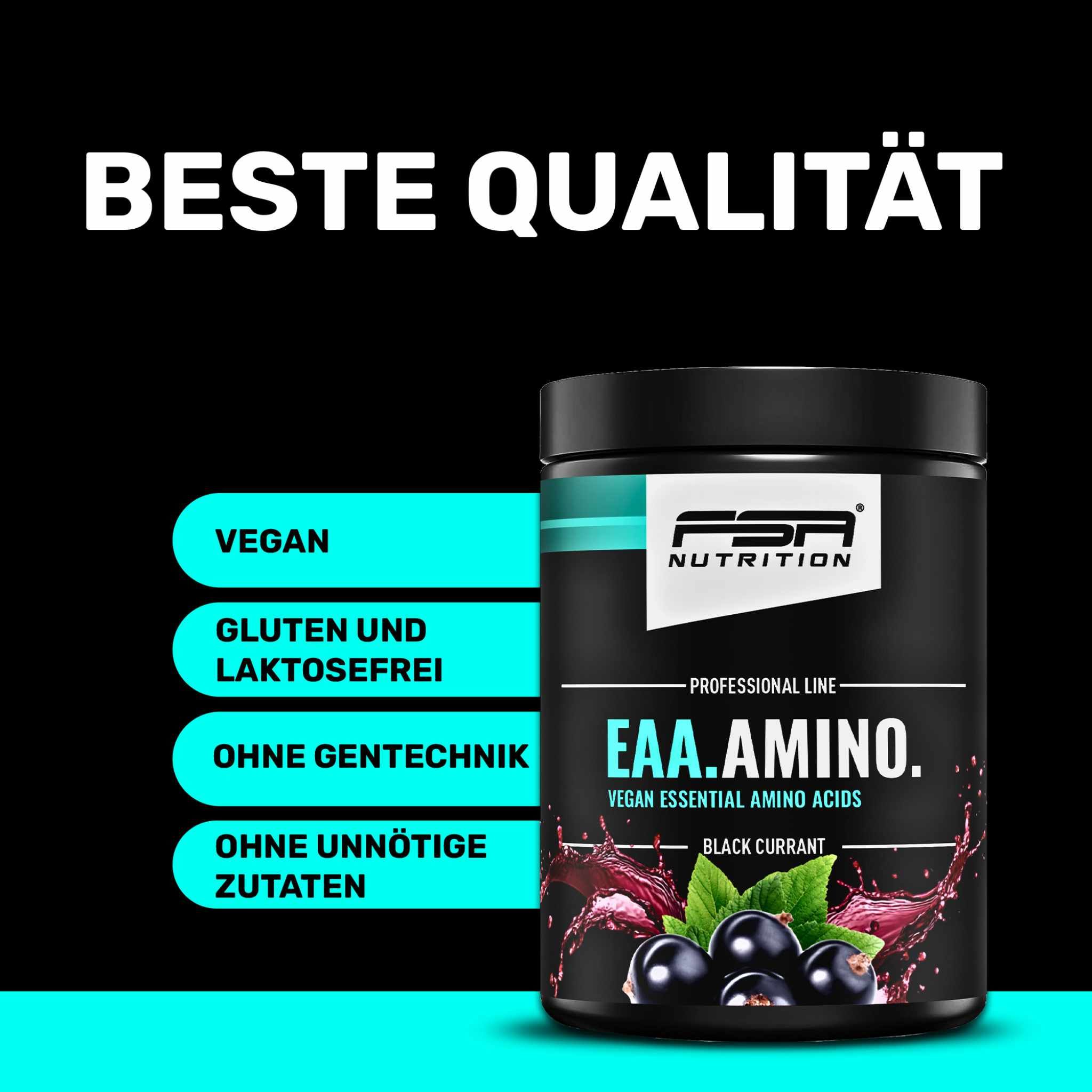 Schwarze Dose FSA Nutrition EAA Amino. Text: EAA.AMINO, vegan, schwarze Johannisbeere. Text: Beste Qualität. Text: Vegan, glutenfrei.