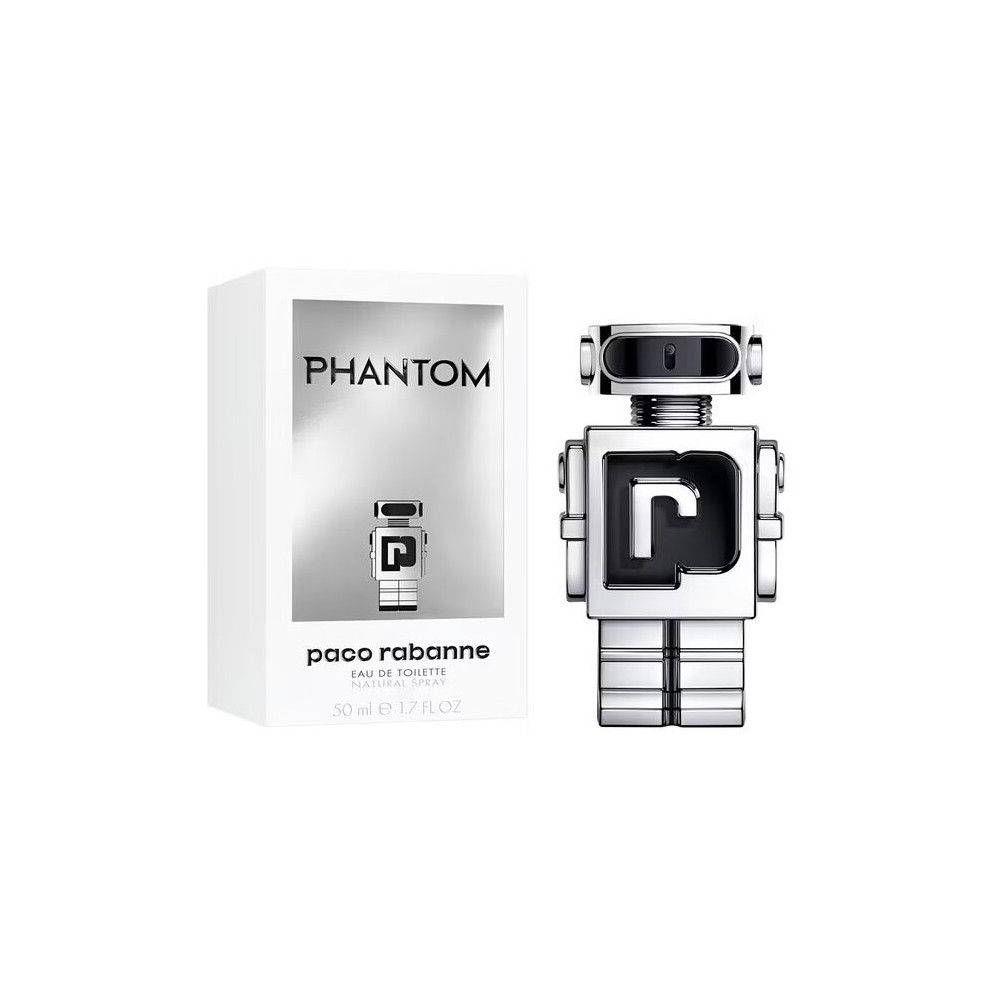 Silberfarbener Flakon in Roboterform und Verpackung. Aufschrift "Phantom" und "paco rabanne".