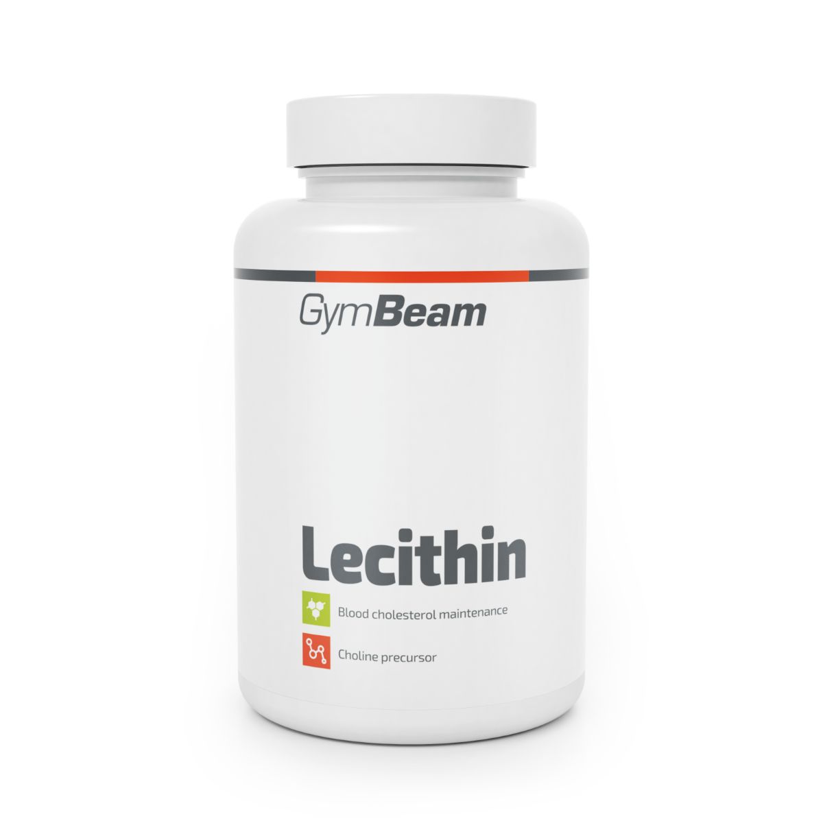 GymBeam Lecithin Kapselbehälter mit Etikett, das 'Lecithin' und 'Choline precursor' angibt.