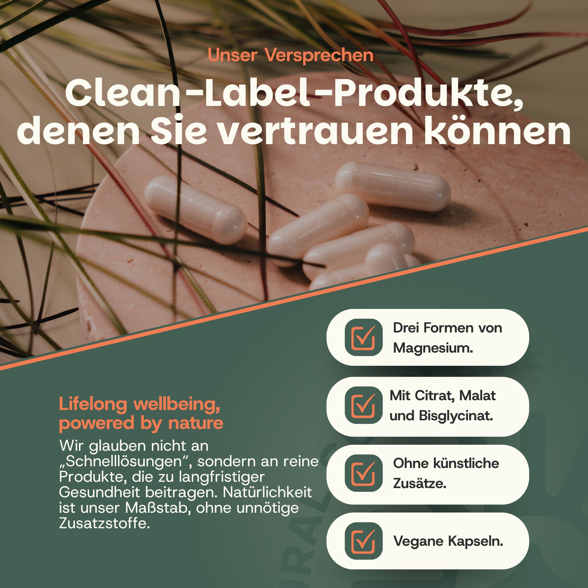 Weiße Kapseln auf einem hellen Untergrund, umgeben von Gräsern. Text hebt Vorteile hervor.