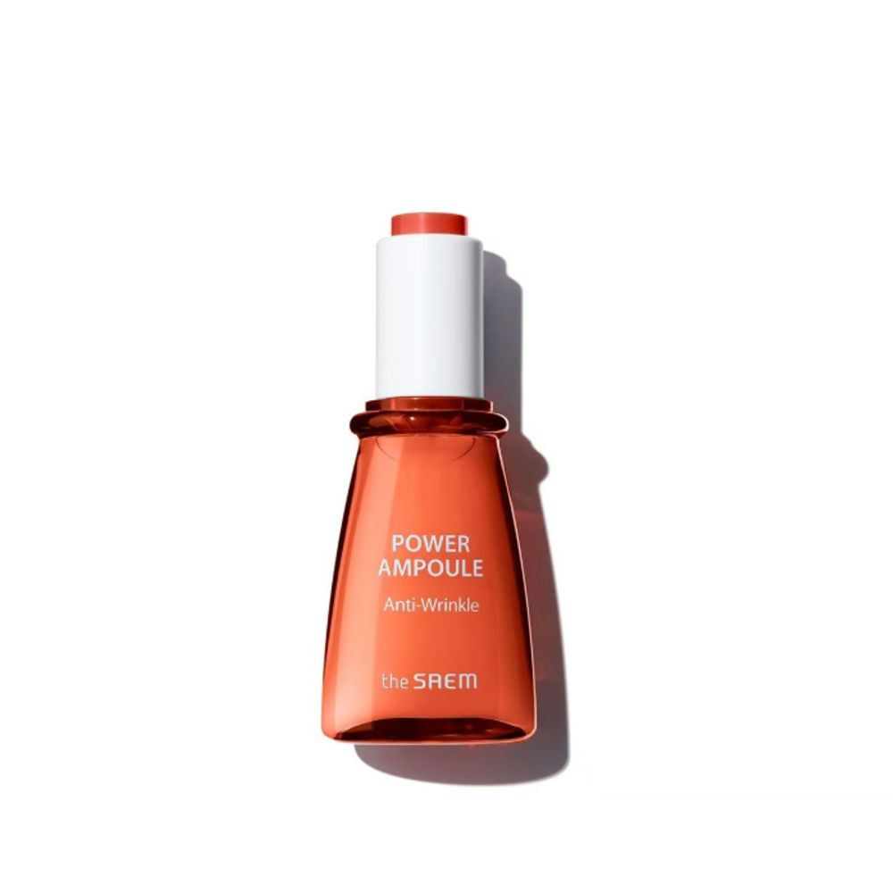 Orangene Ampulle mit weißem Applikator. Schriftzug: Power Ampoule Anti-Wrinkle. Marke: the SAEM.