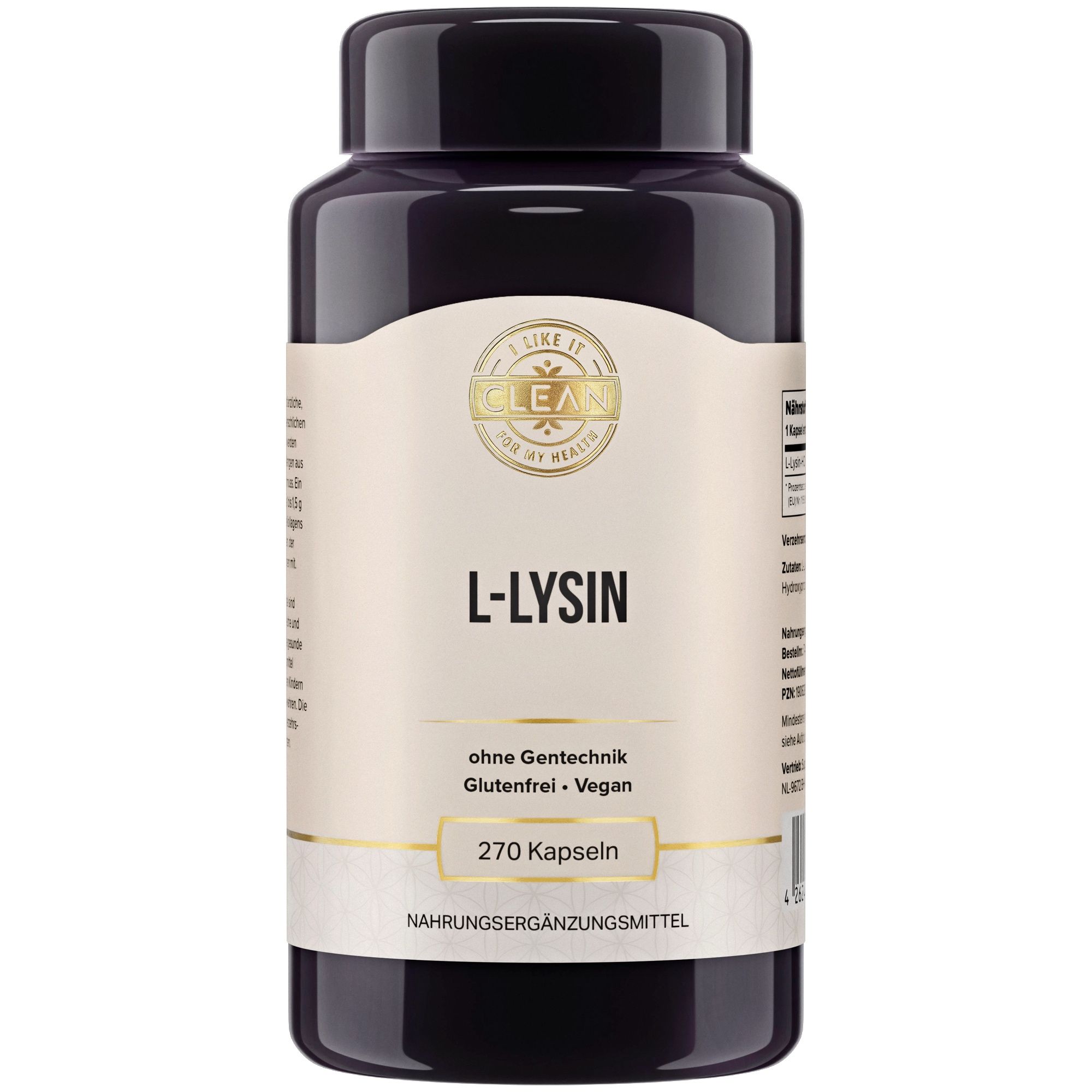 Flasche L-Lysin-Kapseln. Aufschrift: L-LYSIN, 270 Kapseln. Ohne Gentechnik, glutenfrei, vegan. Marke: I LIKE IT CLEAN.