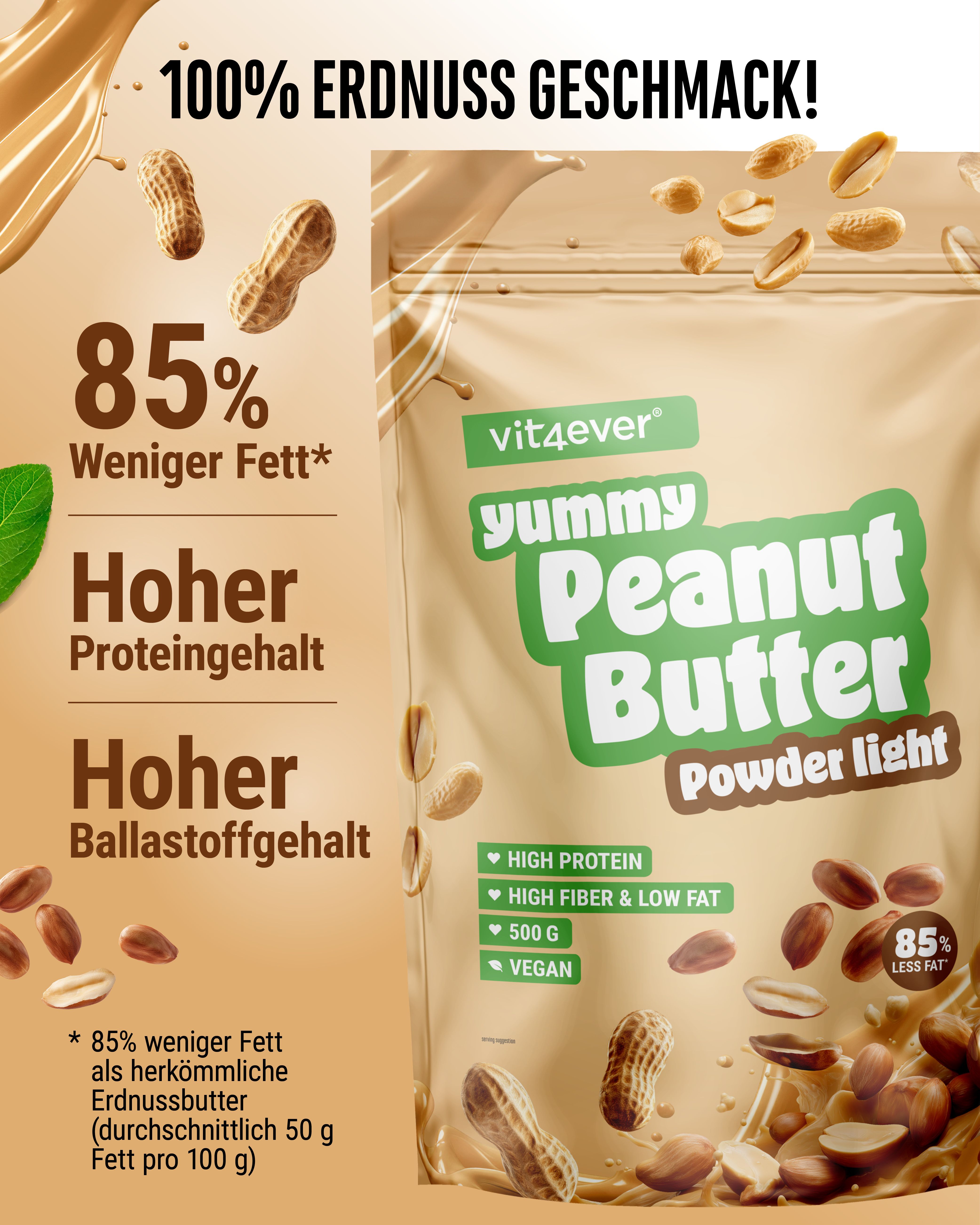 Verpackung von vit4ever Yummy Peanut Butter - Light Powder. Enthält 85% weniger Fett, hoher Proteingehalt, hoher Ballaststoffgehalt.
