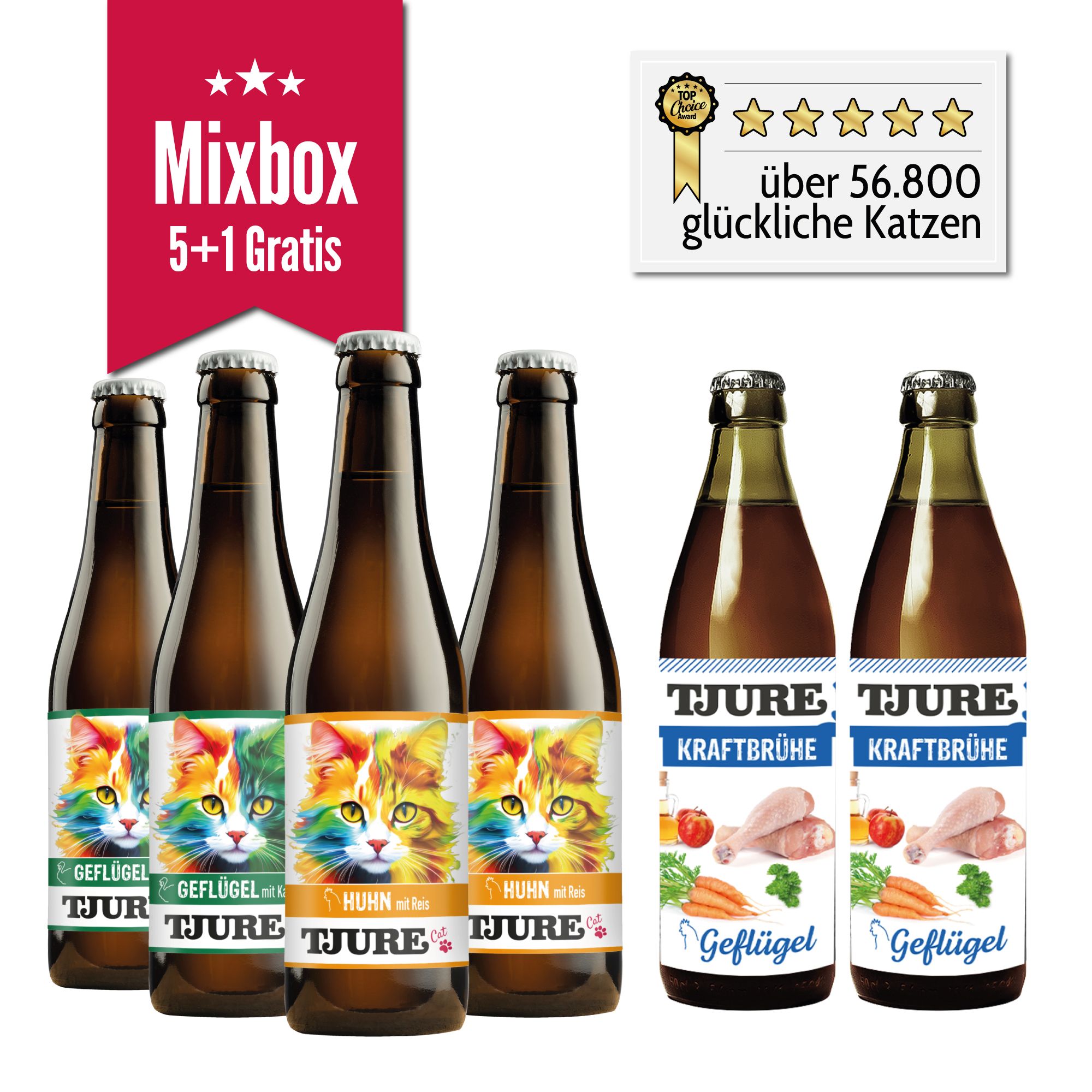 Sechs Flaschen Tjure Kraftbrühe für Katzen. Aufschrift: Mixbox 5+1 Gratis. Etiketten mit Katzenbildern und Geflügel.