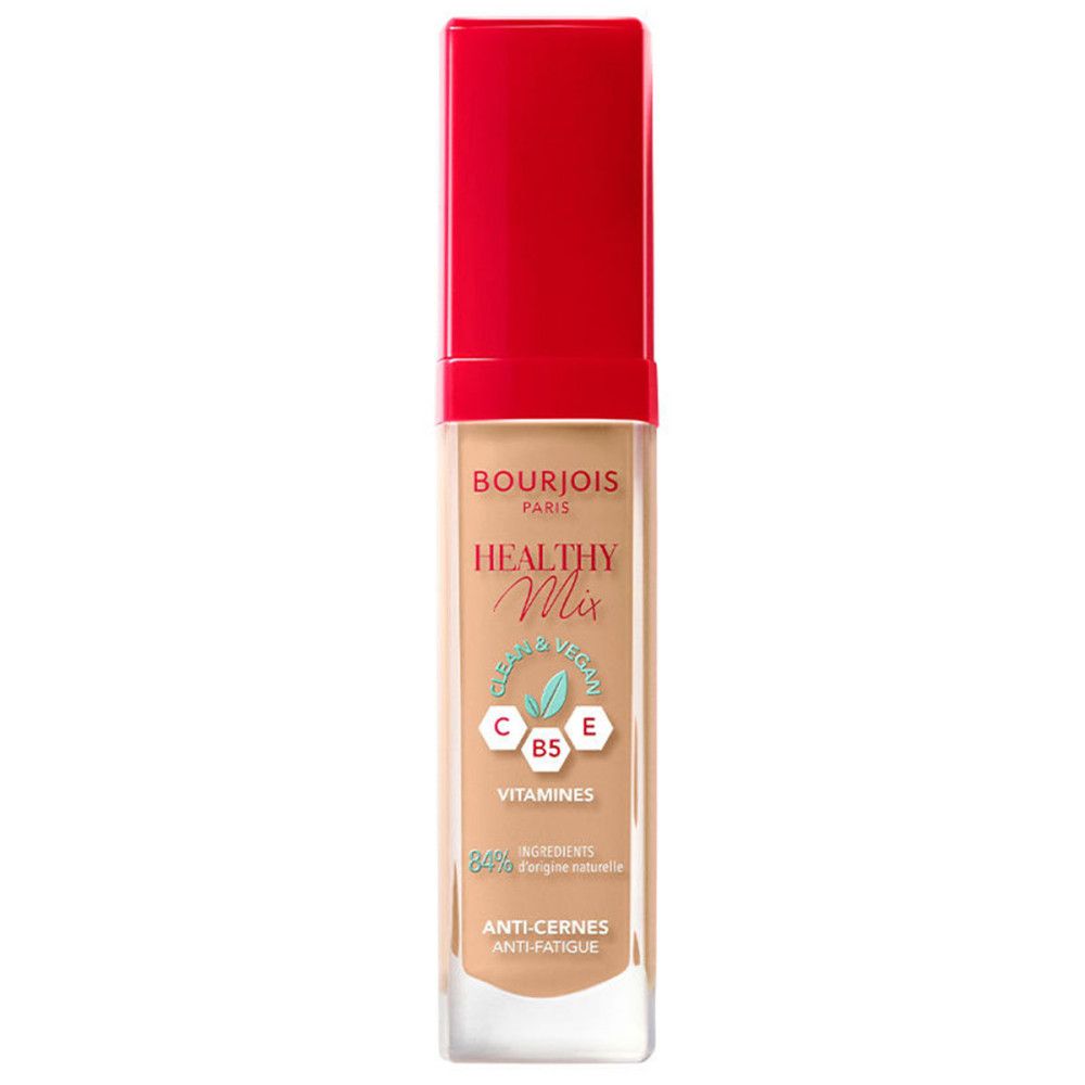 Bourjois Healthy Mix Concealer-Flakon mit rotem Deckel. Produktname und Inhaltsstoffe sichtbar.