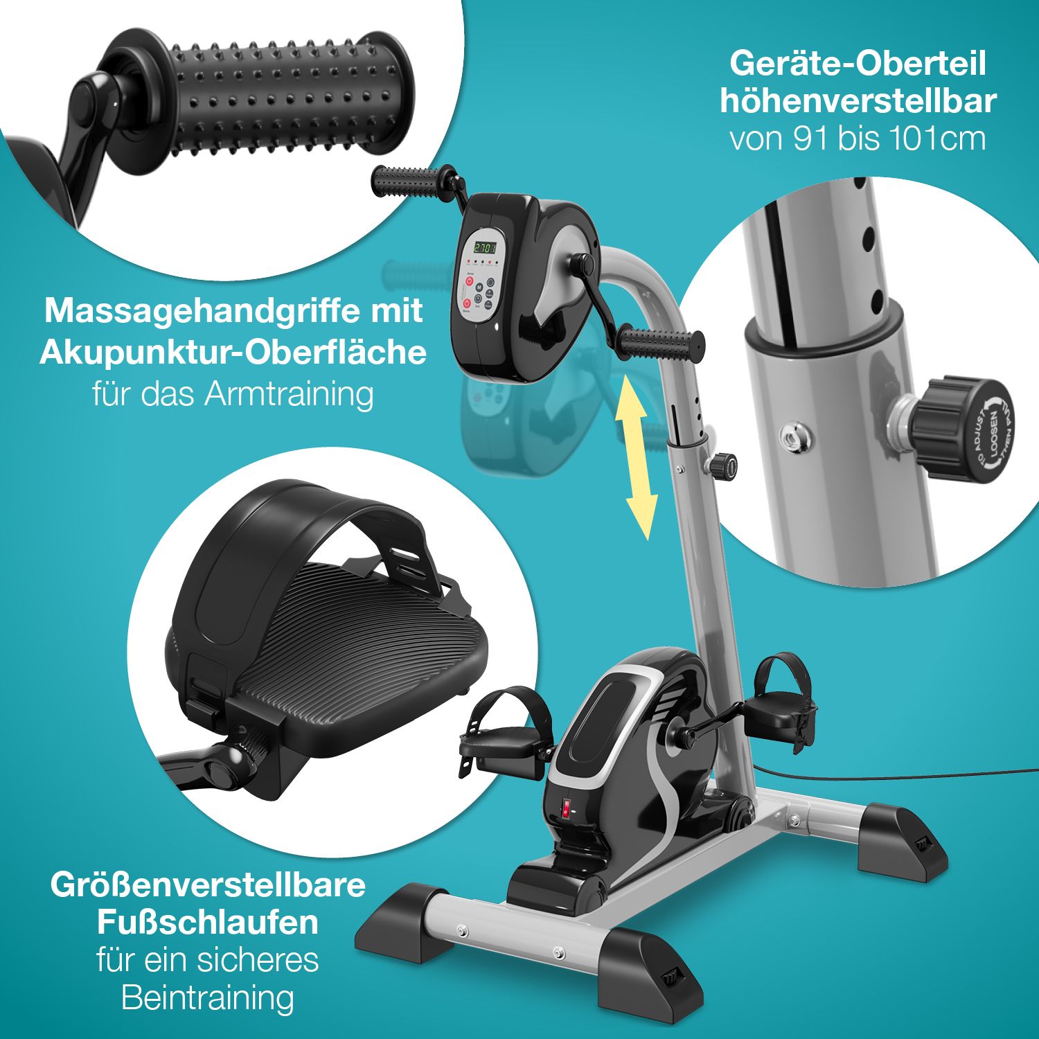 Arm- und Beintrainer mit Massagehandgriffen, Fußschlaufen und höhenverstellbarem Geräteteil.