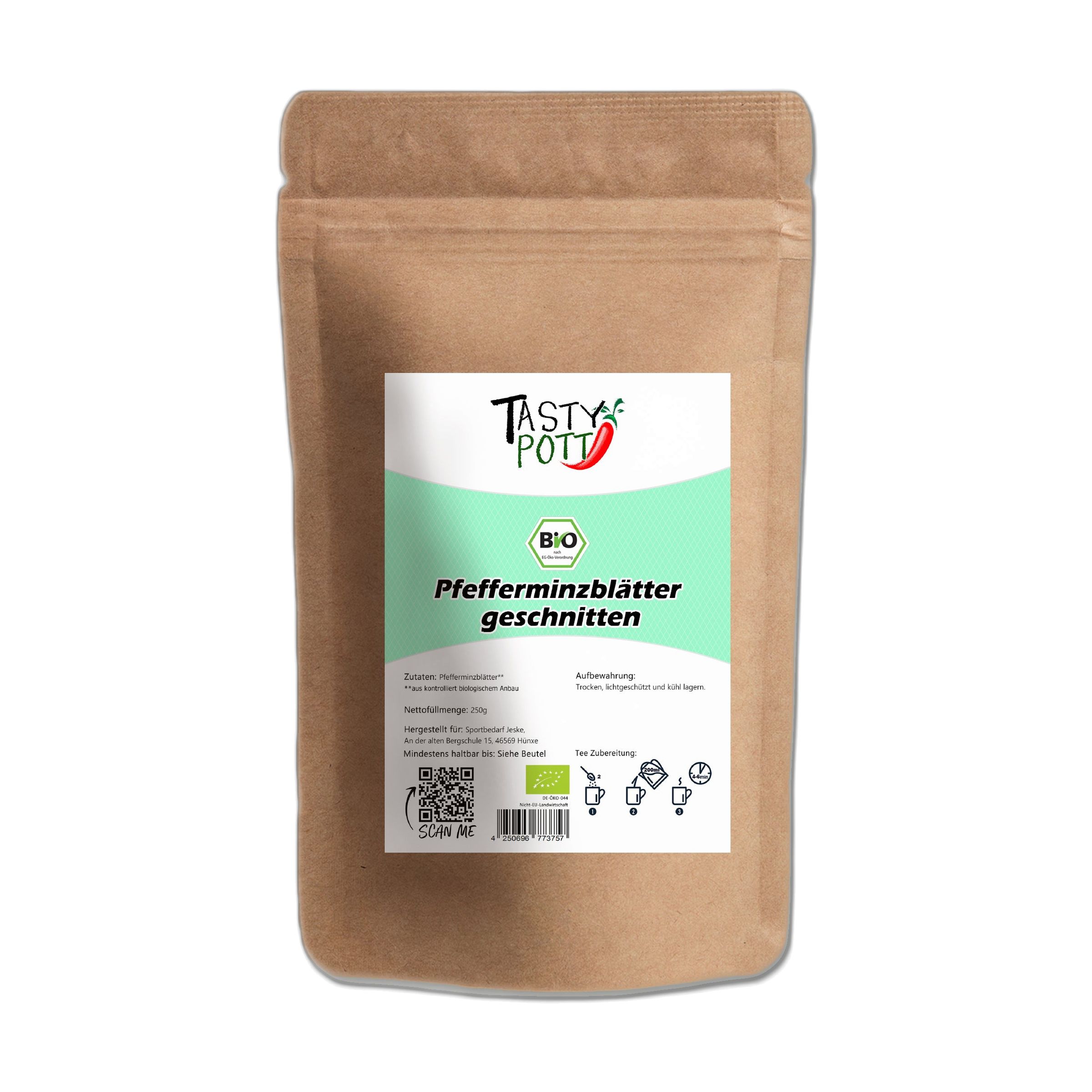Brauner Beutel mit Bio-Pfefferminzblättern, geschnitten. Marke: Tasty Pott.