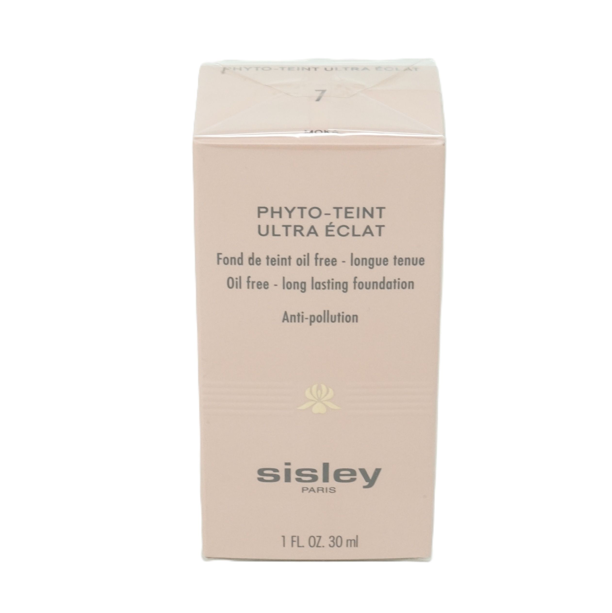 Sisley Phyto-Teint Ultra Éclat nº7 Moka. Beige Verpackung. Text: Fond de teint oil free longue tenue. 1 FL. OZ. 30 ml.