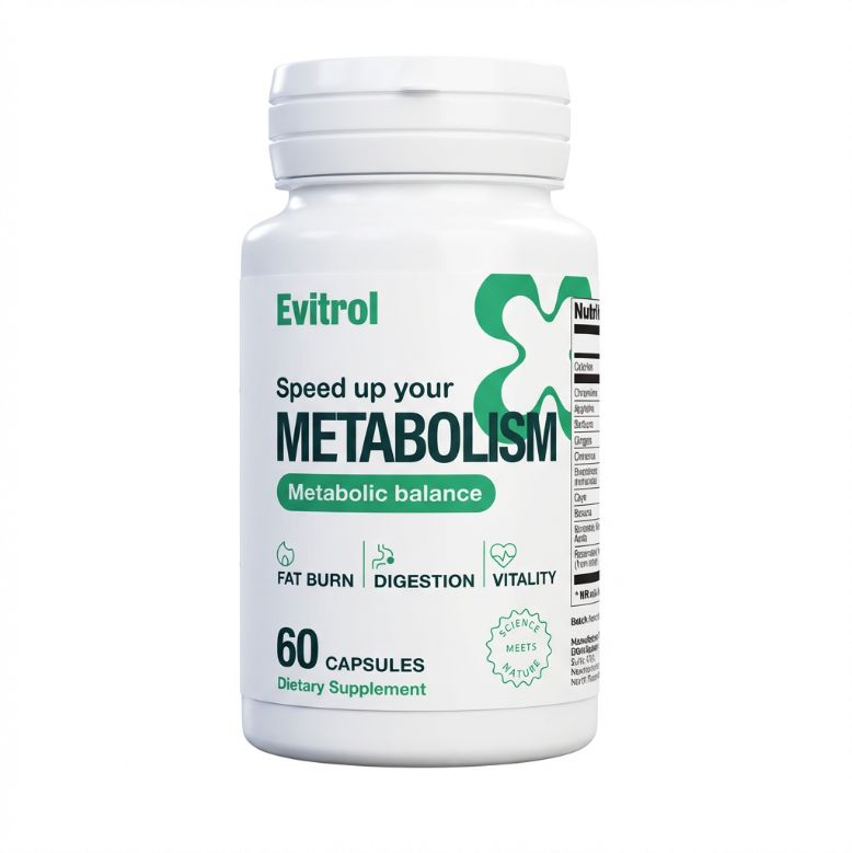 Weiße Flasche mit Kapseln. Aufschrift: Evitrol, METABOLISM, 60 Kapseln. Grün-weiße Grafik. Dietary Supplement.