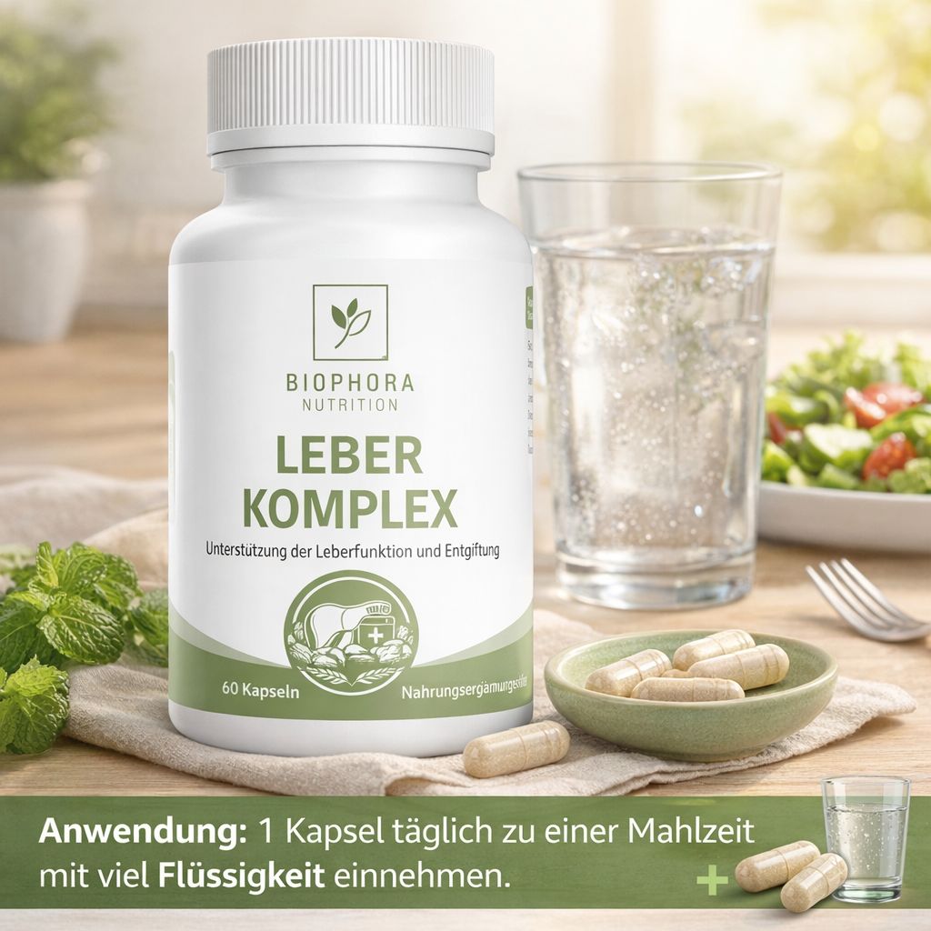 Weiße Flasche "Leber Komplex" mit Kapseln, Glas Wasser und Salat. 60 Kapseln. Anwendung: 1 Kapsel täglich.