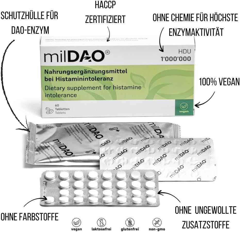 Produktverpackung mit milDAO-Tabletten. Blisterpackungen und Beutel. Text: Nahrungsergänzungsmittel bei Histaminintoleranz.