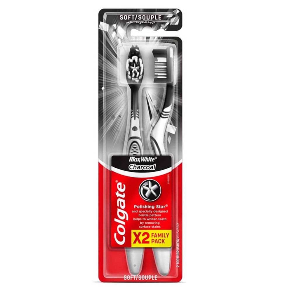 Zahnbürsten-Packung. Enthält zwei Zahnbürsten. Schwarze Borsten, weißer Griff. Aufschrift: Colgate Max White Charcoal.