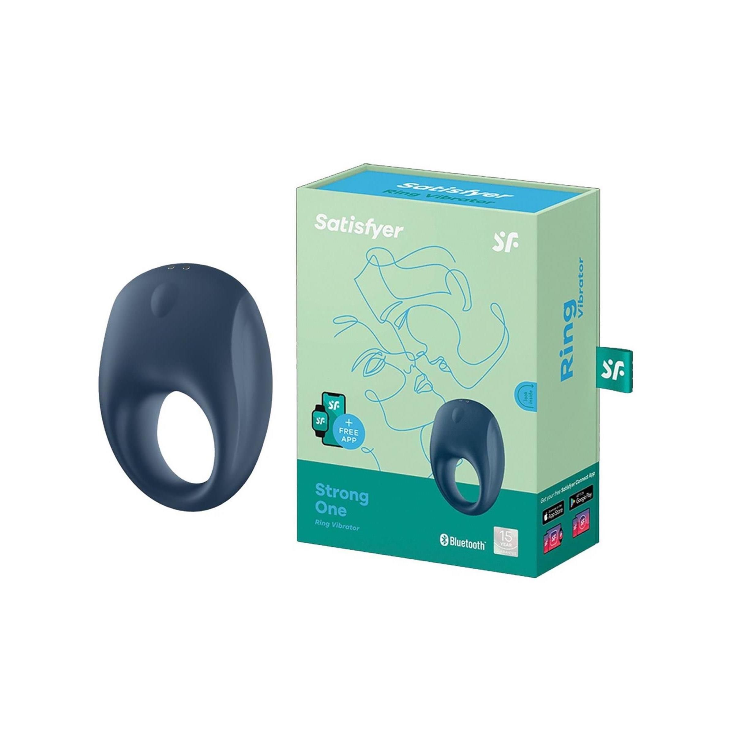 Blauer Ringvibrator neben Verpackung. Verpackung mit Produktabbildung, Schriftzug "Satisfyer", "Strong One", "Ring Vibrator".