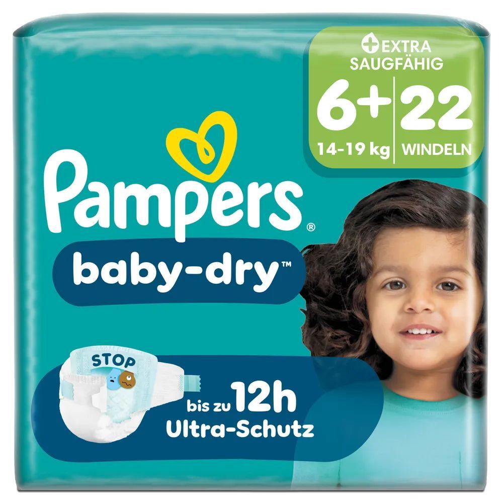 Pampers Baby-Dry Windeln, Größe 6+, 22 Stück, 14-19 kg, extra saugfähig.