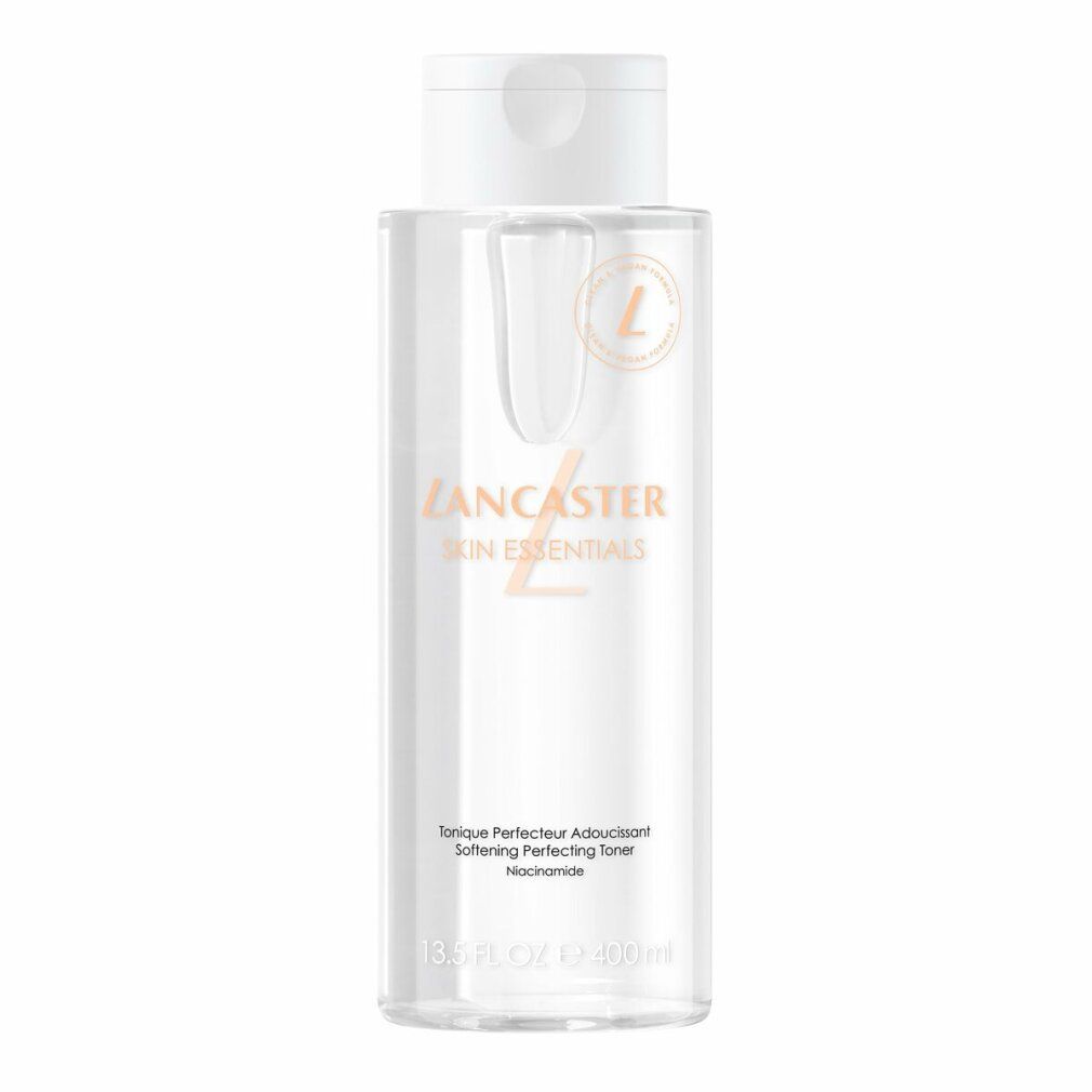 Transparente Flasche mit weißem Deckel. Aufschrift: Lancaster, Skin Essentials, Softening Perfecting Toner. Mit Logo.