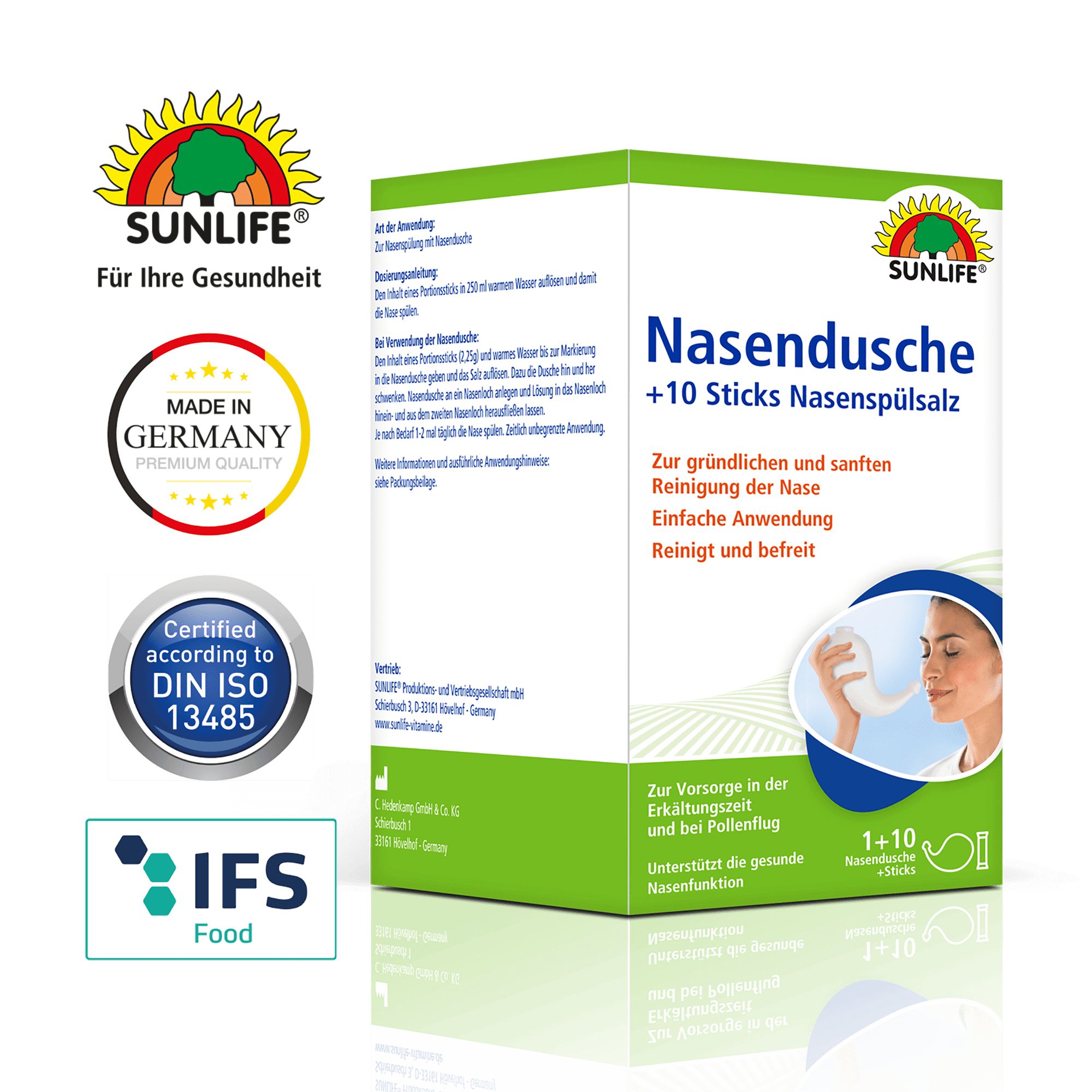Verpackung von Sunlife Nasendusche + 10 Sticks Nasenspülsalz. Grün-weiße Schachtel mit Logo, Zertifizierungen und Produktnamen.