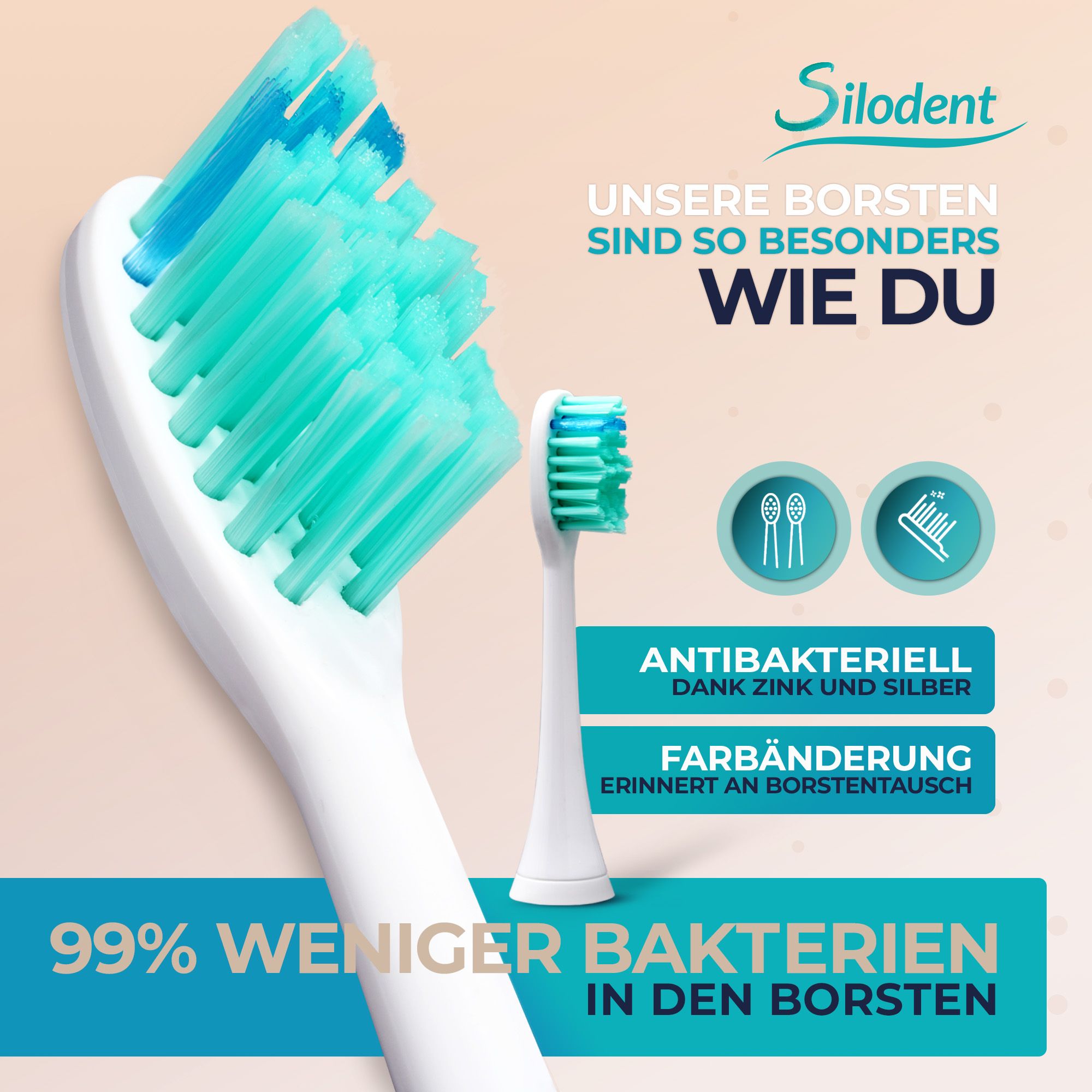 Silodent Schallzahnbürste Champagne mit antiseptischen Borsten und fünf Programmen