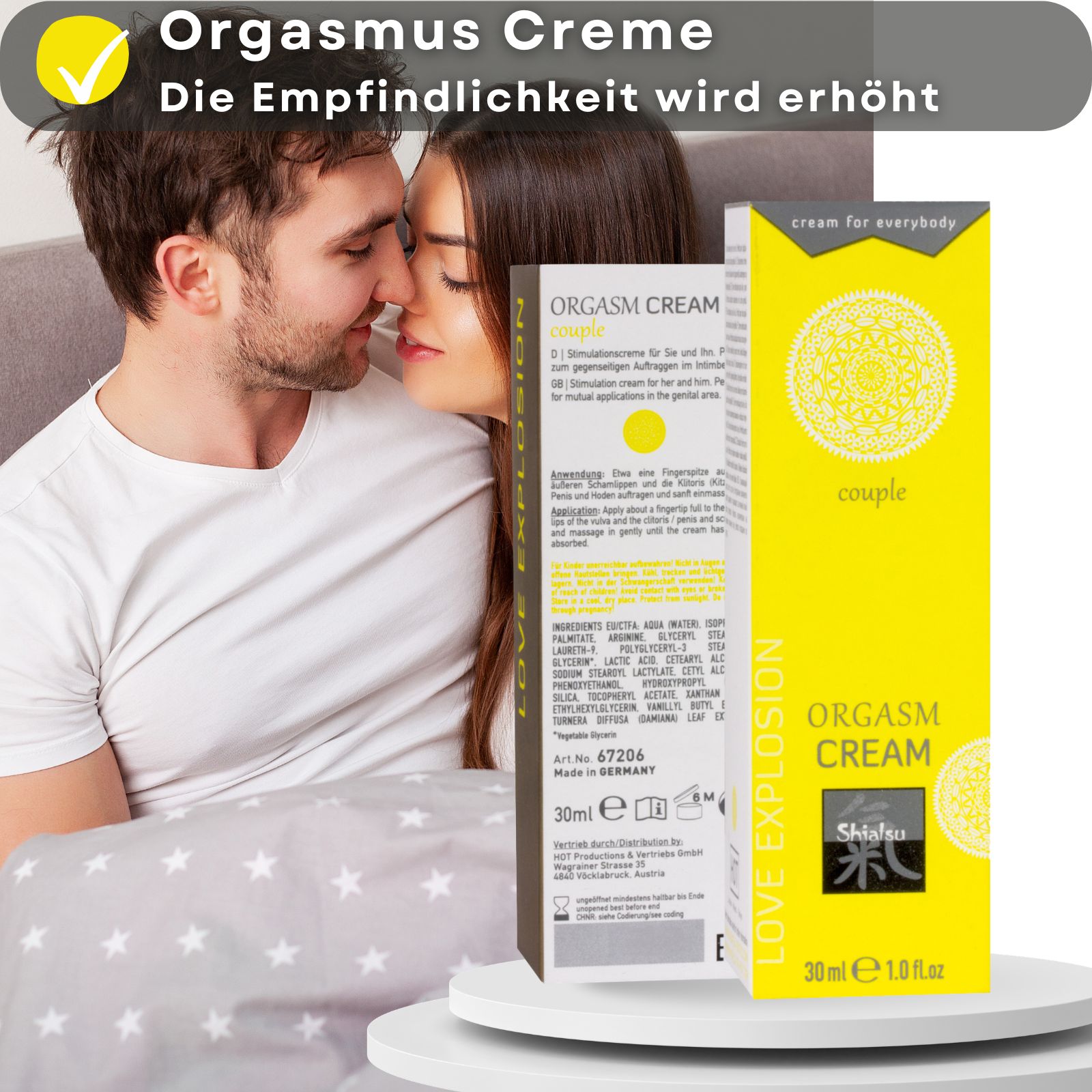 Produkt und Text. Gelbe Tube und Schachtel. Text: Creme für Paare, erhöht die Sensibilität.
