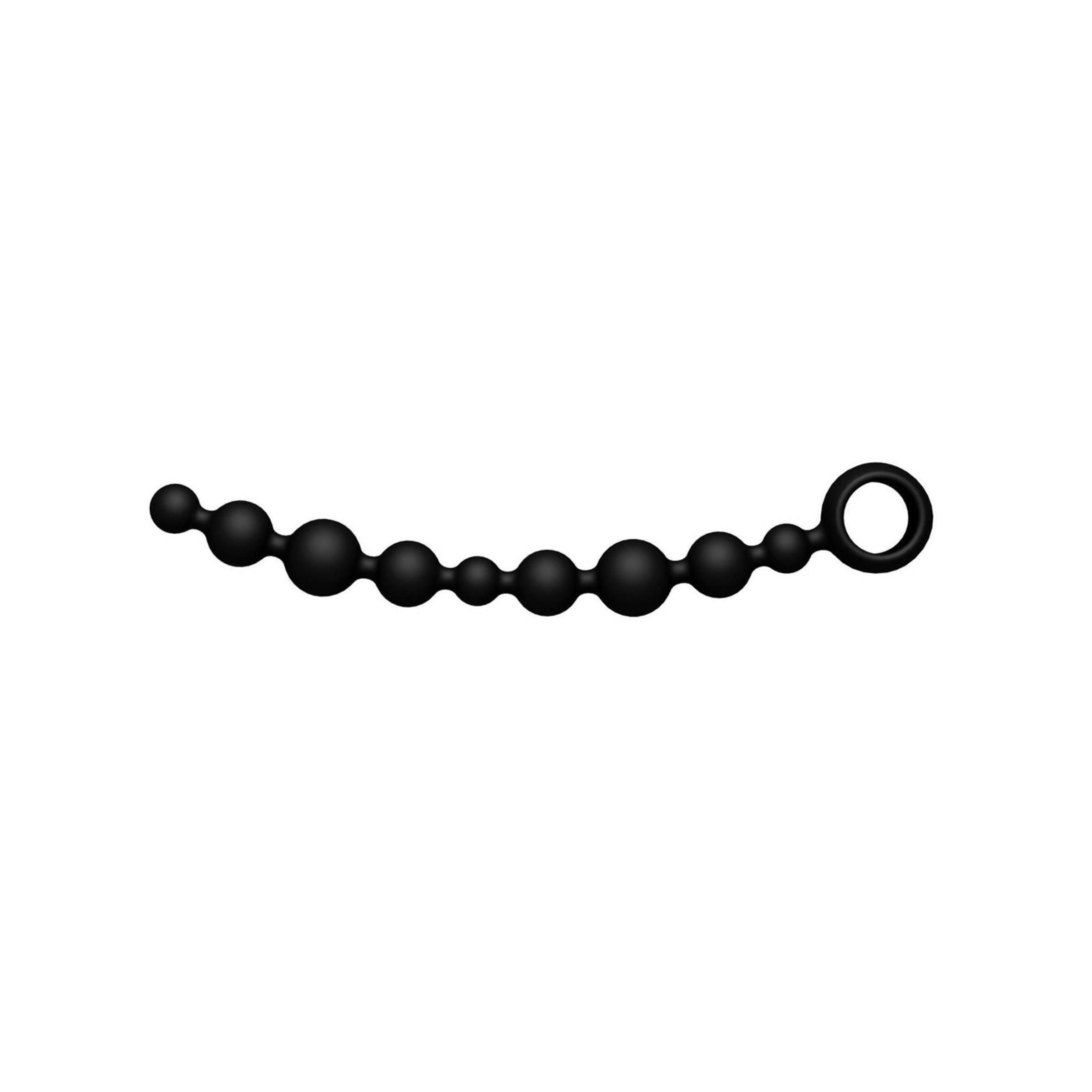 Schwarze Analkugeln mit Ring. Bestehend aus unterschiedlich großen Kugeln. Auf weißem Hintergrund.