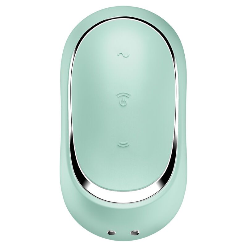 Mintgrüner Vibrator mit silbernem Rand, Vorderansicht mit Bediensymbolen.